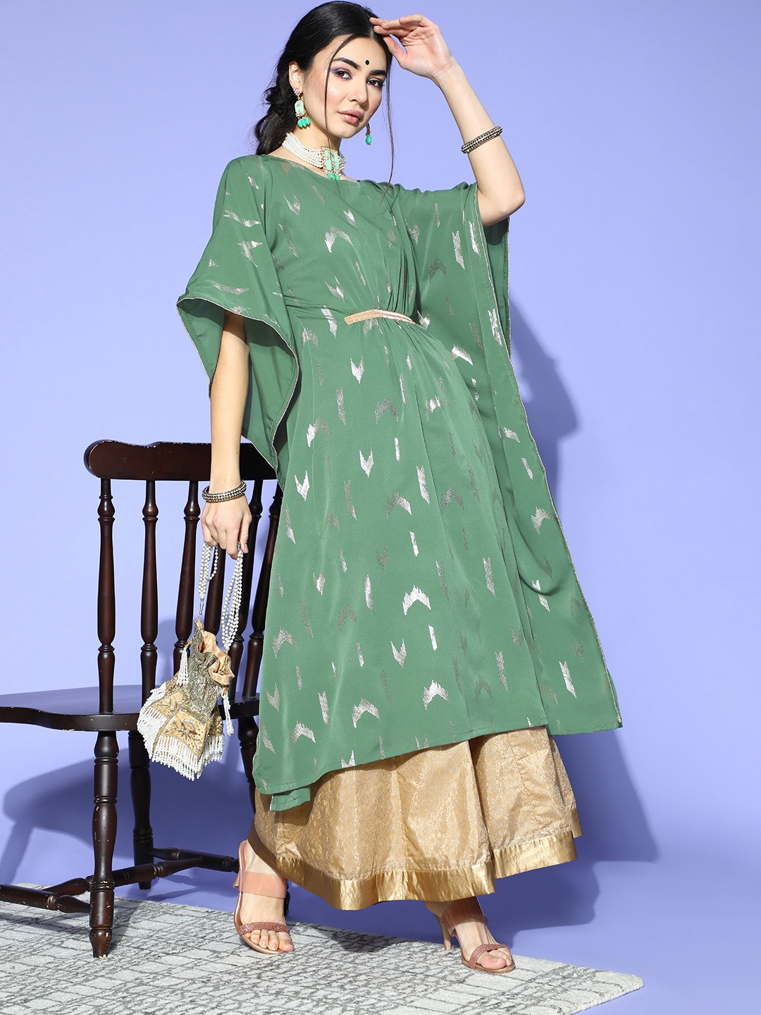 

Janasya Women Geometric Printed Kaftan Kurta, Green
