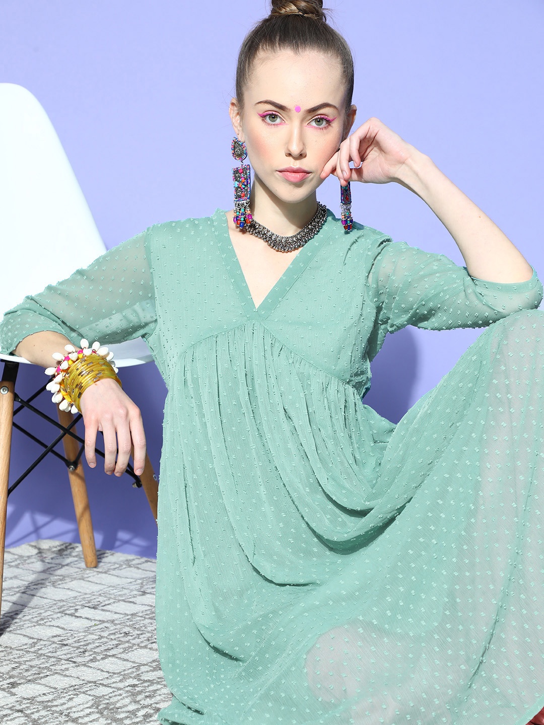 

Janasya Green Woven Design Dobby Weave Kurta