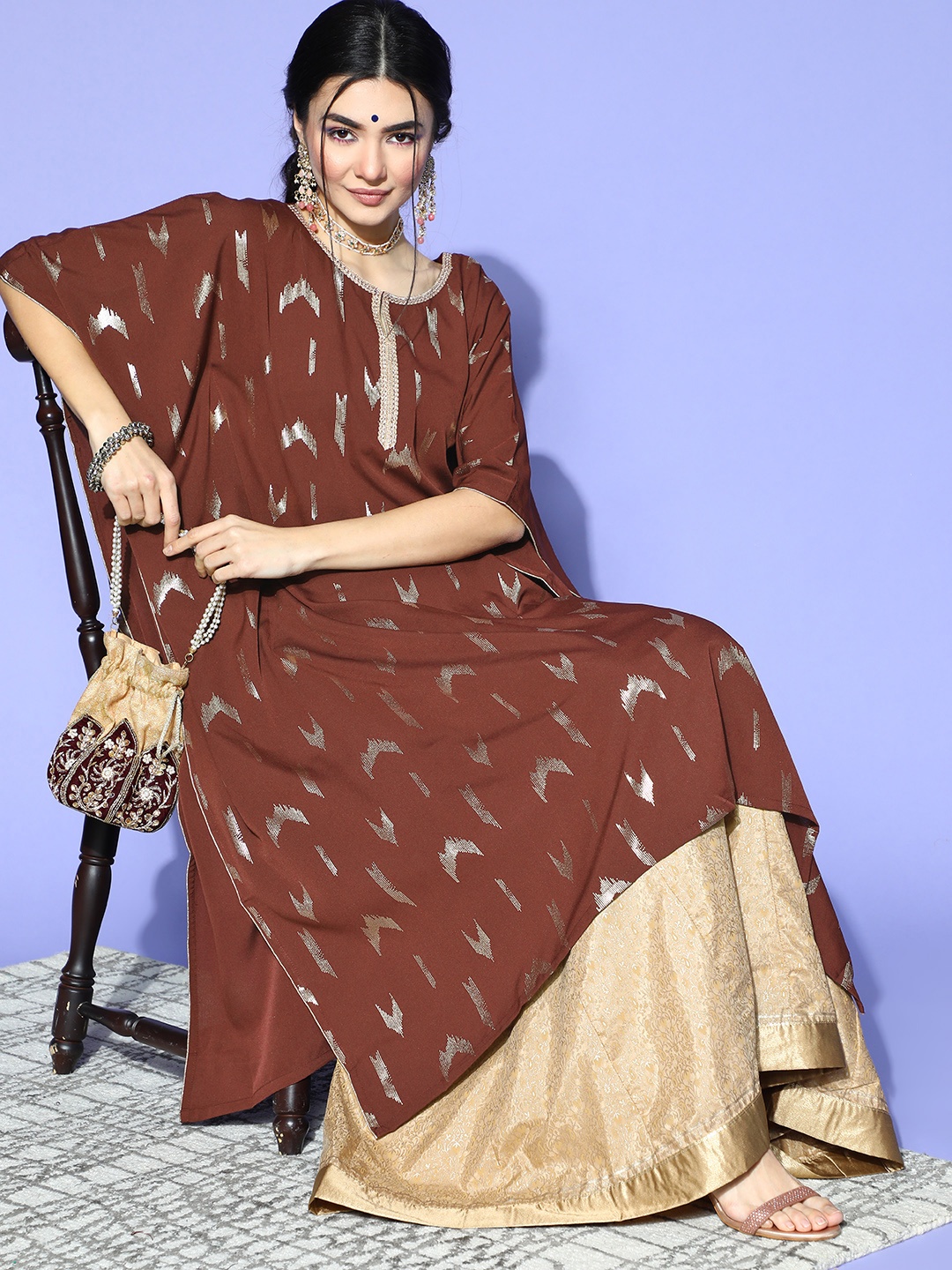 

Janasya Women Elegant Geometric Kaftan Kurta, Coffee brown