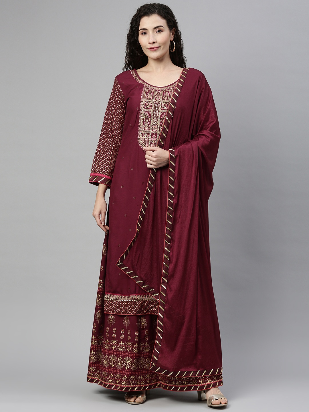 

SheWill Women Maroon Ethnic Motifs Embroidered Kurta with Skirt & Dupatta