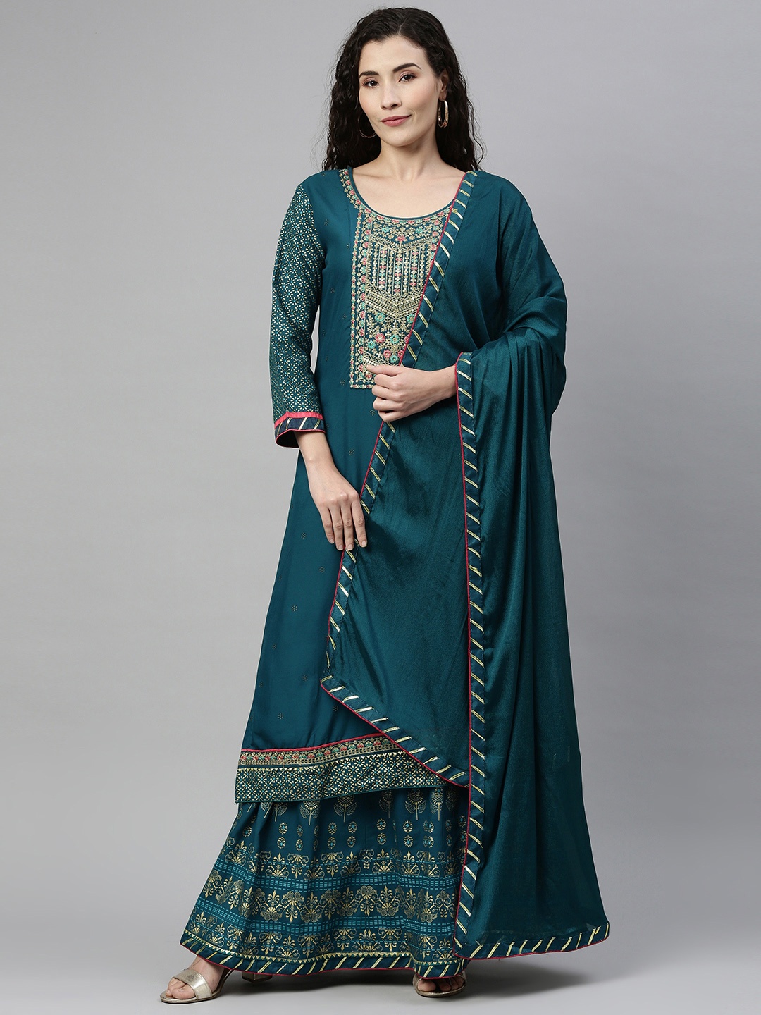 

SheWill Women Green & Golden Ethnic Motifs Embroidered Kurta with Skirt & Dupatta