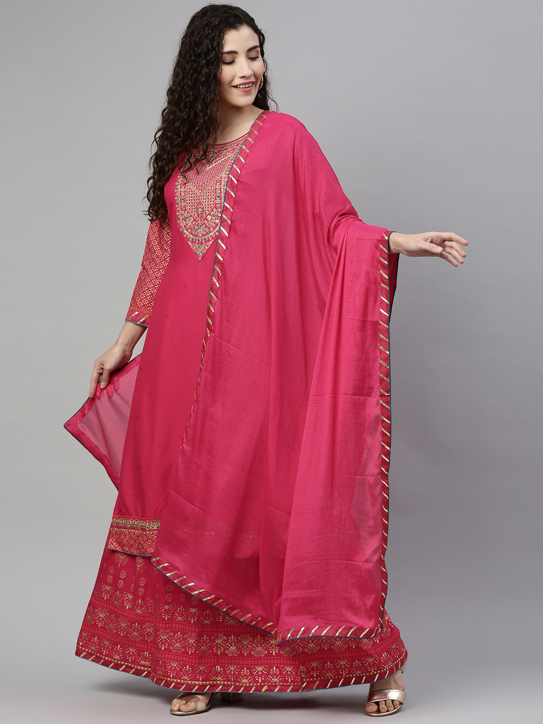 

SheWill Women Pink Ethnic Motifs Embroidered Kurta with Skirt & Dupatta