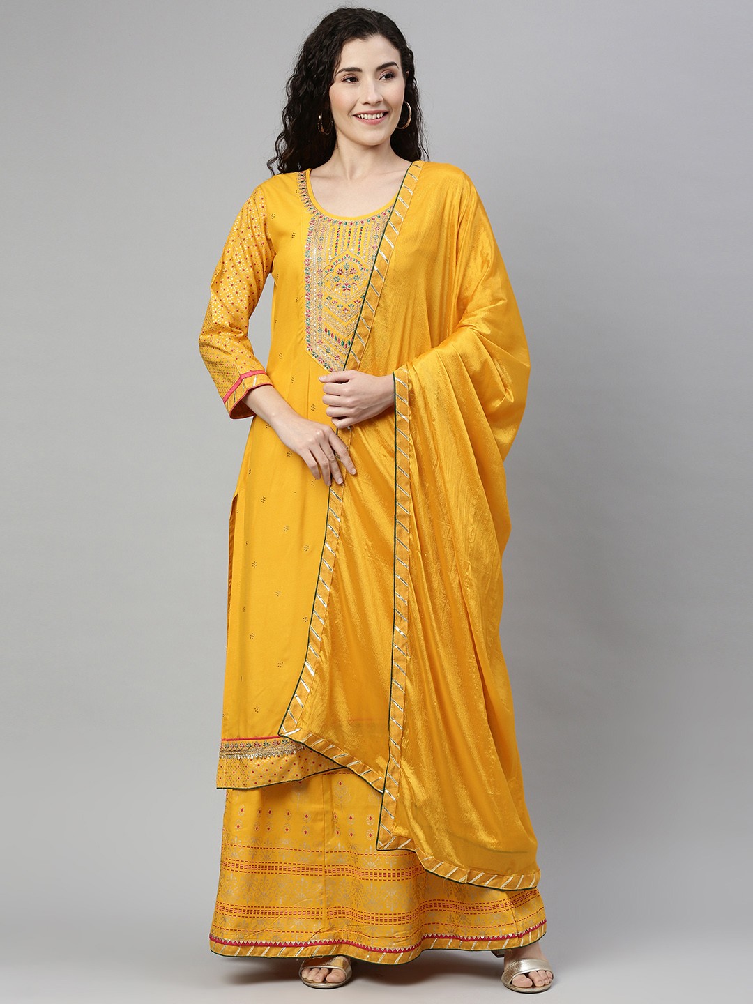 

SheWill Women Yellow Ethnic Motifs Embroidered Kurta with Skirt & Dupatta