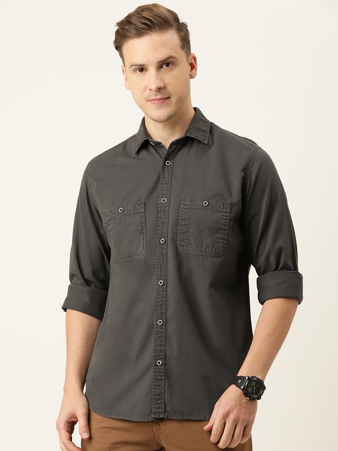 

IVOC Regular Fit Solid Pure Cotton Casual Shirt, Charcoal