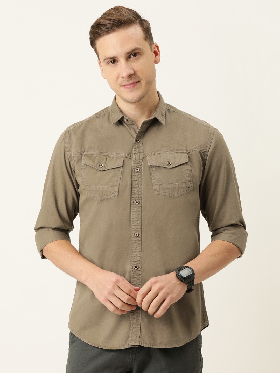 

IVOC Men Olive Brown Solid Slim Fit Casual Shirt