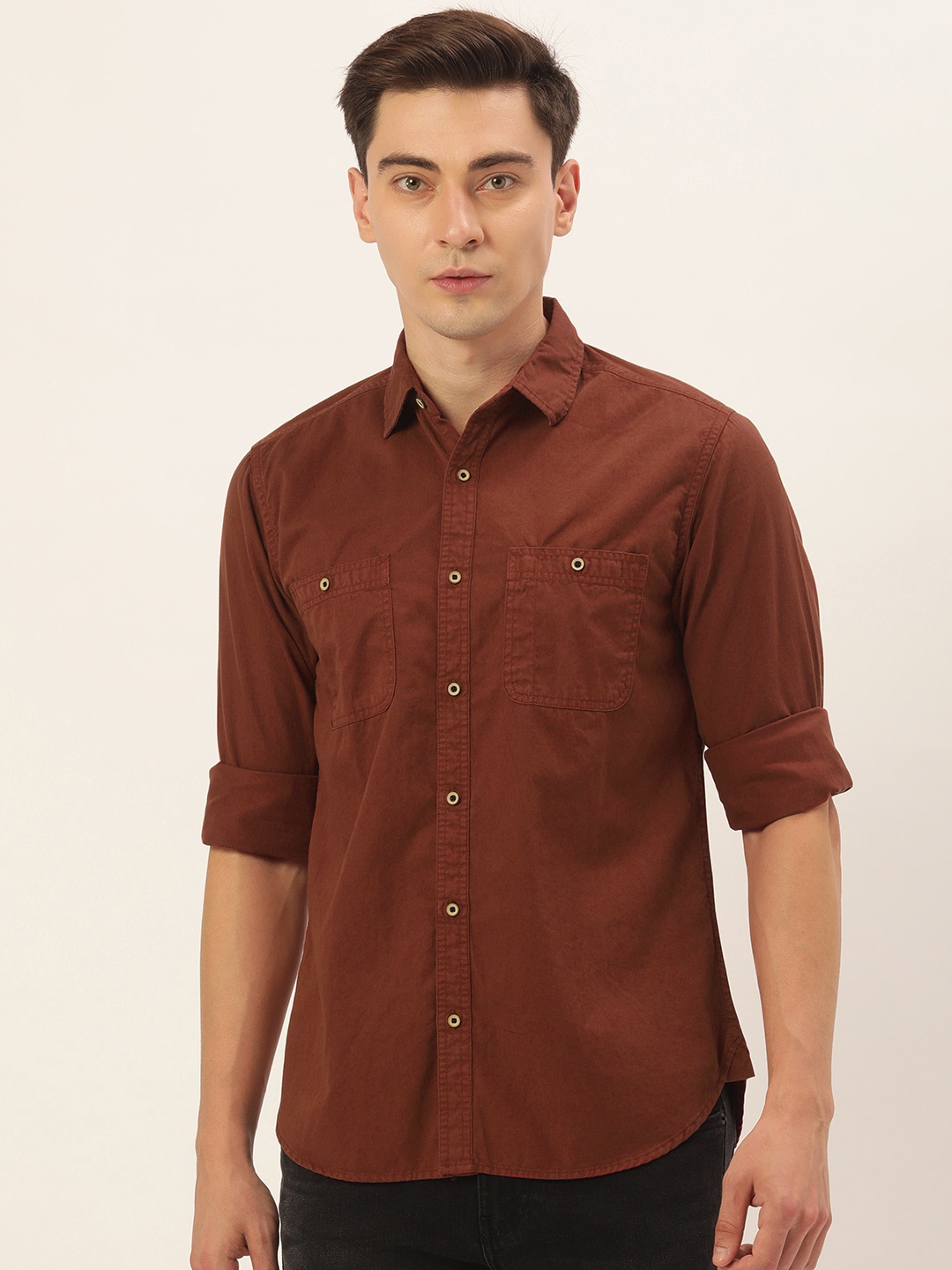 

IVOC Men Rust Brown Solid Casual Shirt