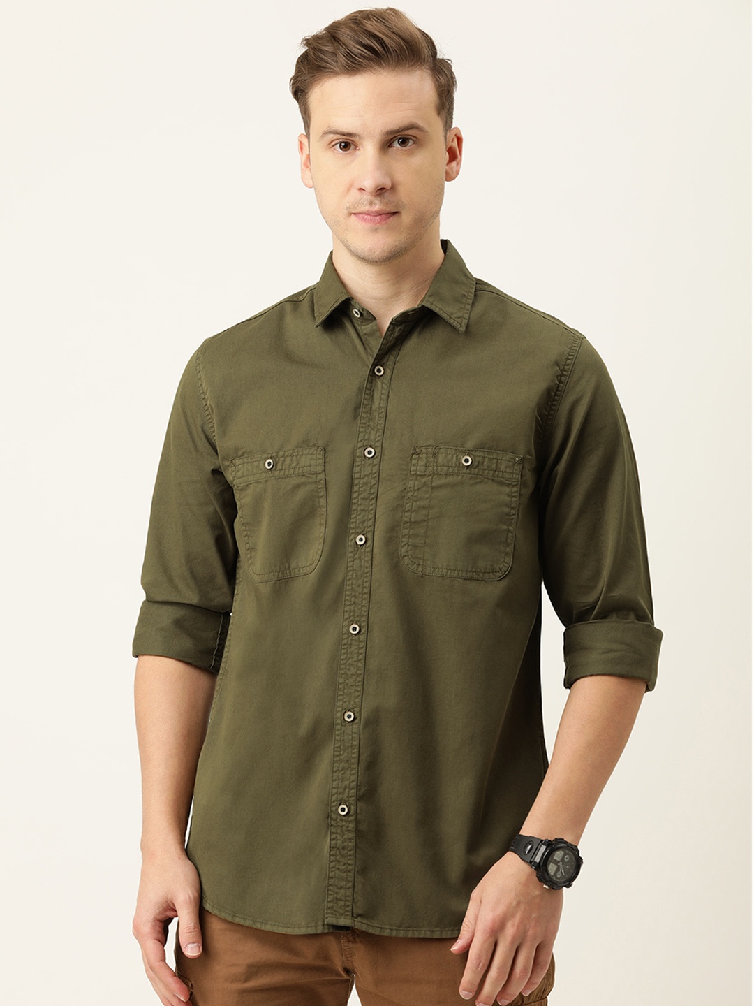 

IVOC Men Olive Green Solid Casual Shirt