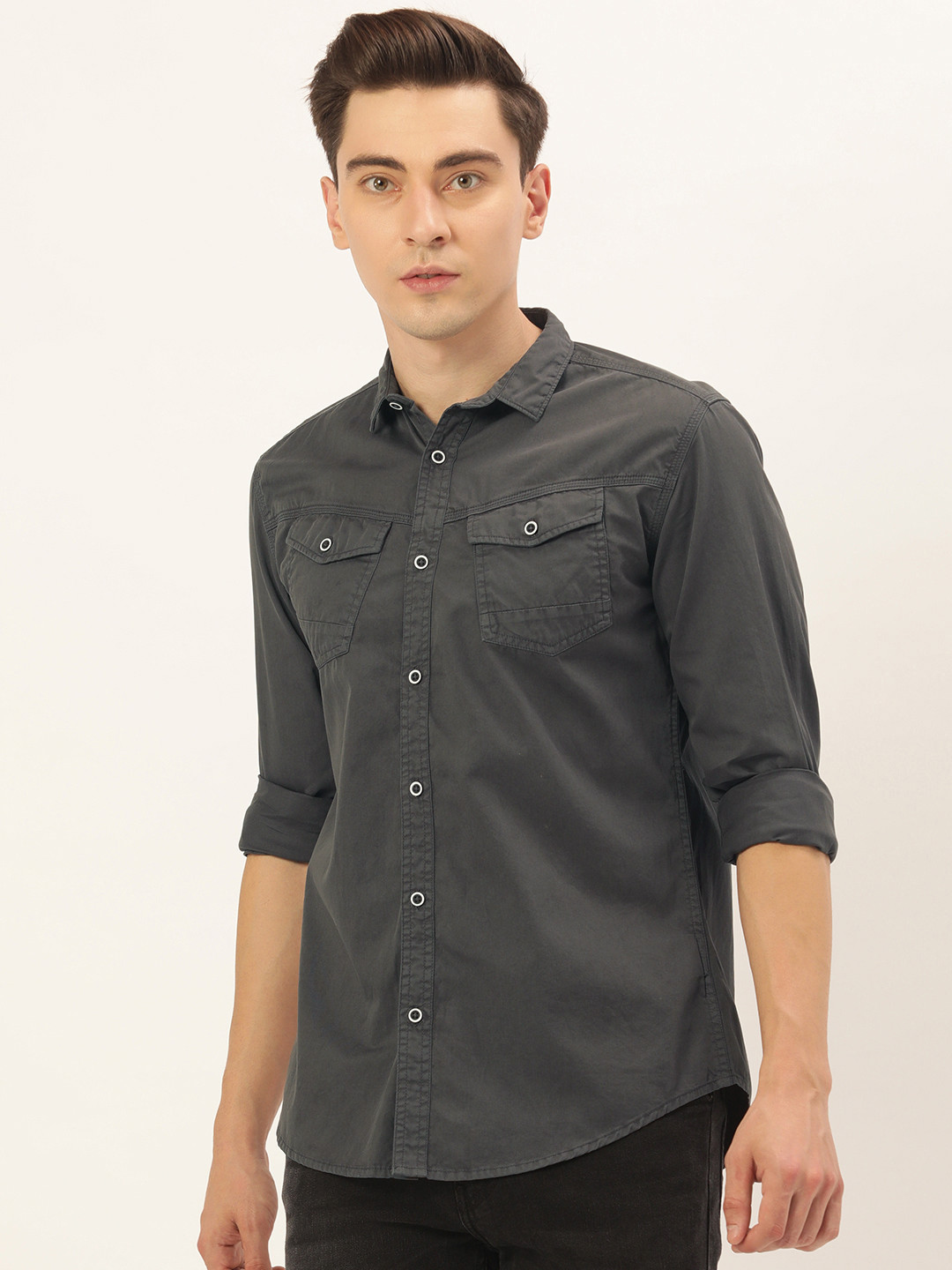 

IVOC Men Charcoal Grey Solid Slim Fit Casual Shirt