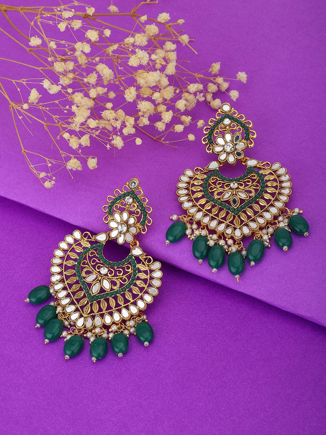 

KOLHA-BY CARLTON Gold-Plated Green & Gold-Toned Heart Shaped Jhumkas Earrings