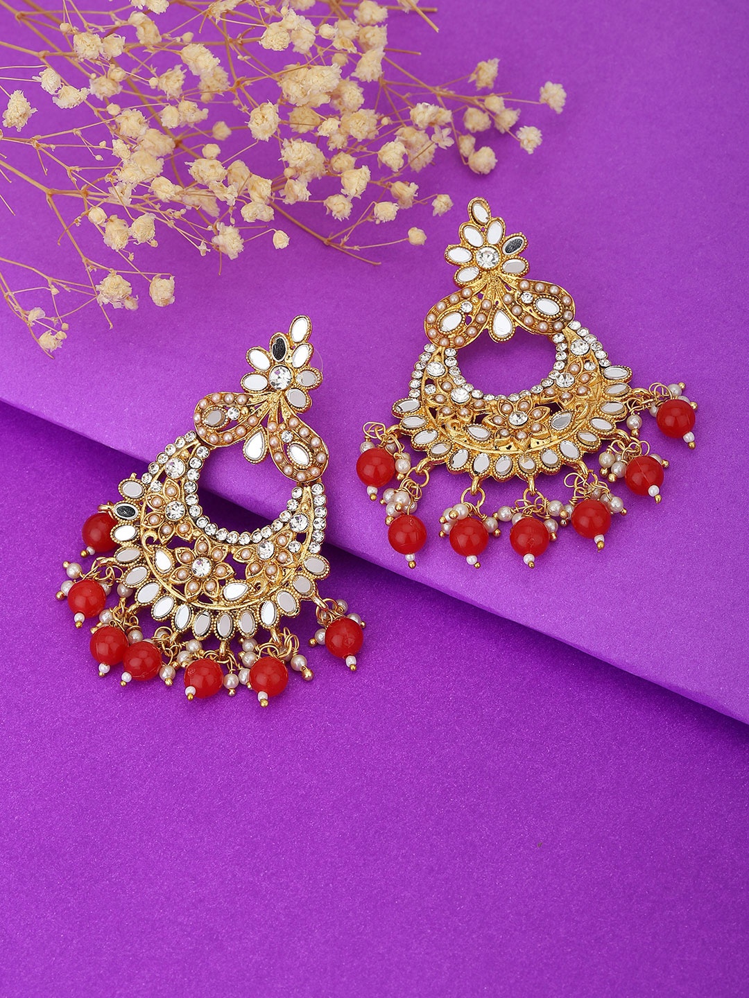 

KOLHA-BY CARLTON Red & Gold-Toned Contemporary Jhumkas Earrings