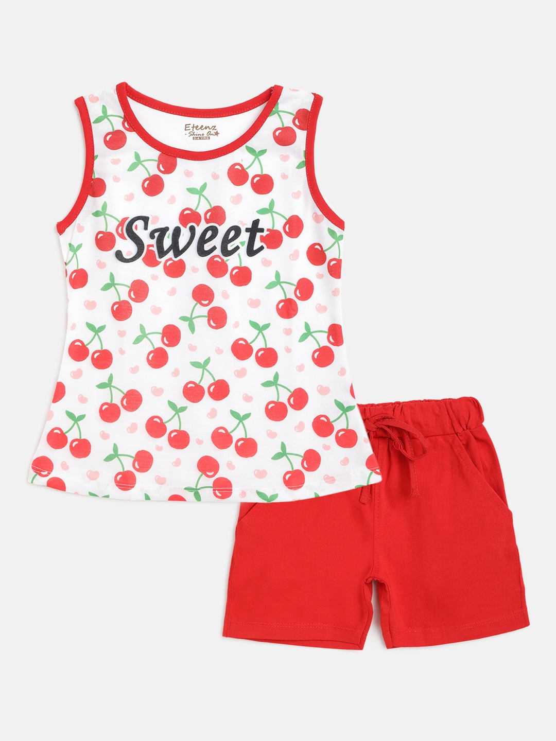 

Eteenz Girls Red & White Cherry Printed Cotton Co-Ord Set