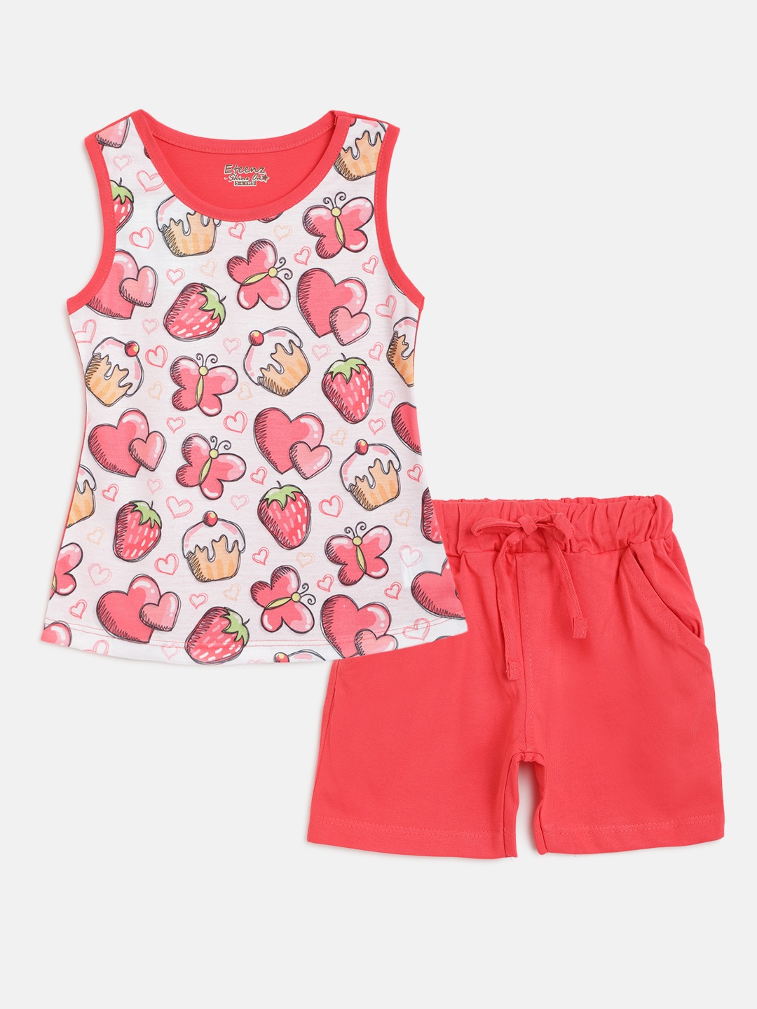 

Eteenz Girls White & Pink Conversational Printed Cotton Co-ord Set