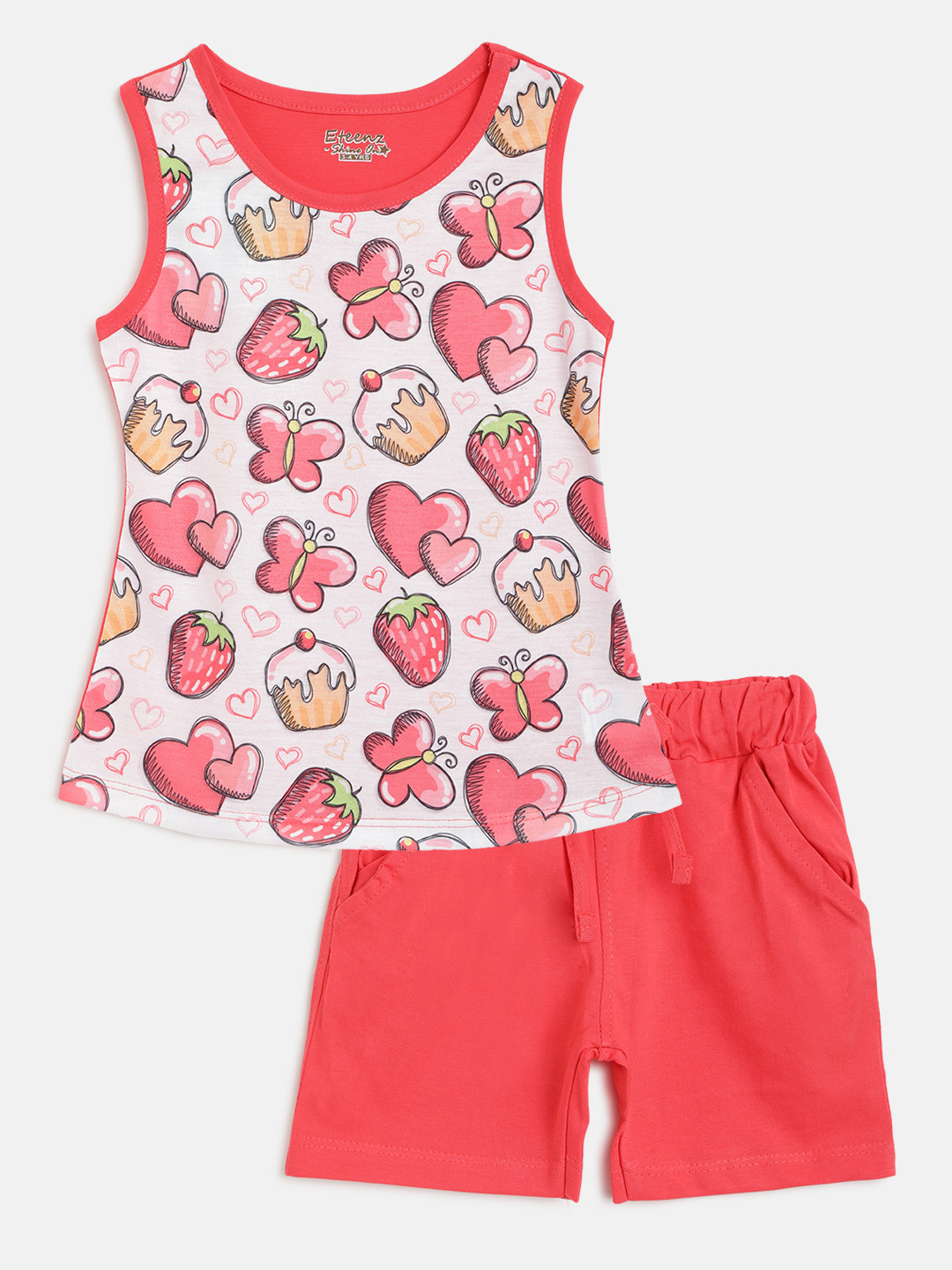 

Eteenz Girls Coral & White Pure Cotton Printed T-shirt and Shorts
