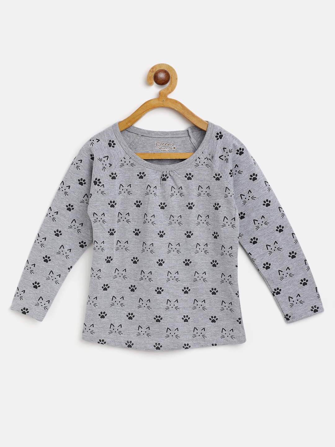 

Eteenz Girls Grey Melange & Black Pure Cotton Cat Print Extended Sleeves T-shirt