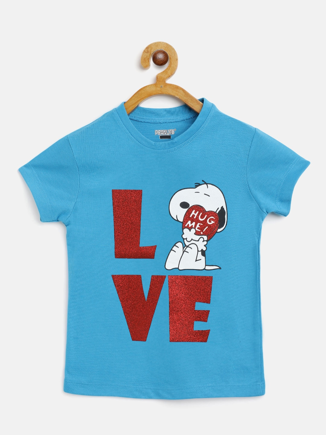 

Eteenz Girls Blue & Red Pure Cotton Shimmery Peanuts Print T-shirt