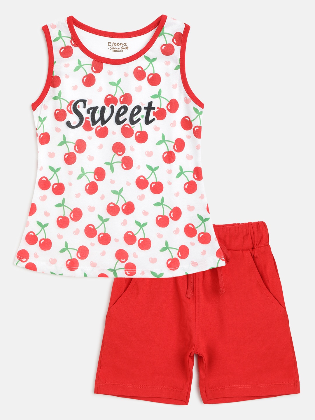 

Eteenz Girls Red & White Pure Cotton Printed T-shirt with Shorts