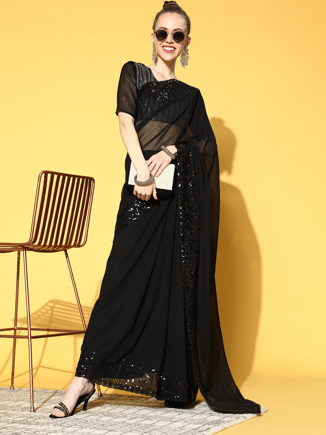 

Mitera Solid Saree with Embellished Border, Black