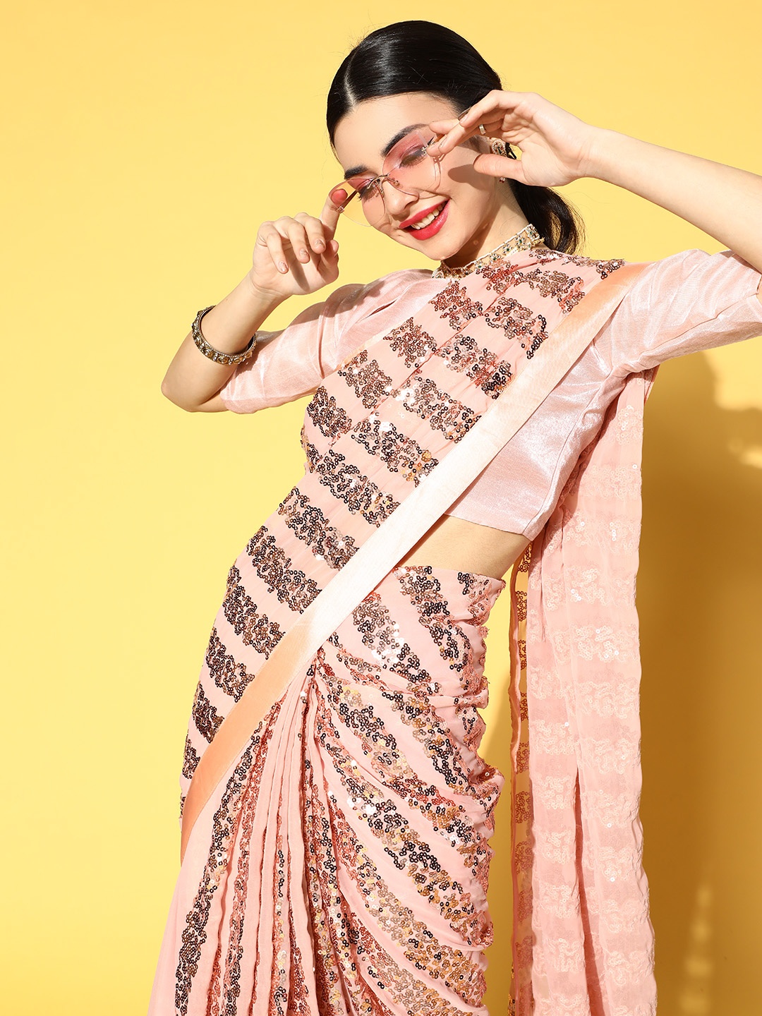 Mitera Striped Saree with Solid Border, Peach