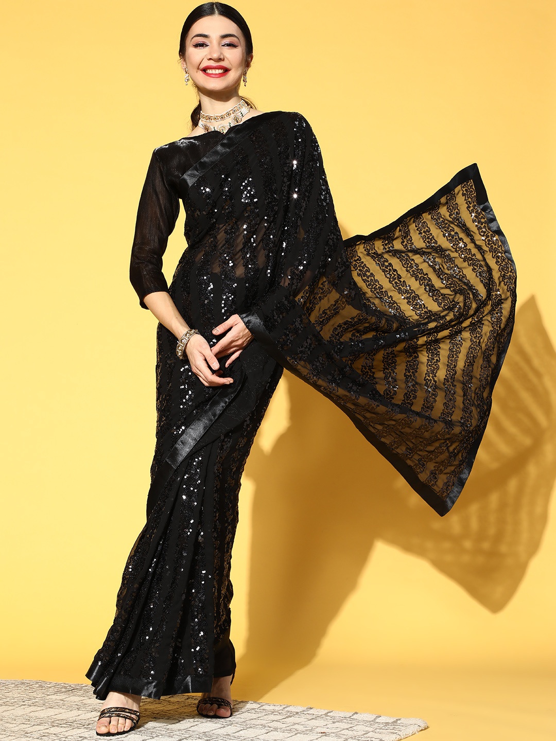 

Mitera Striped Saree with Solid Border, Black