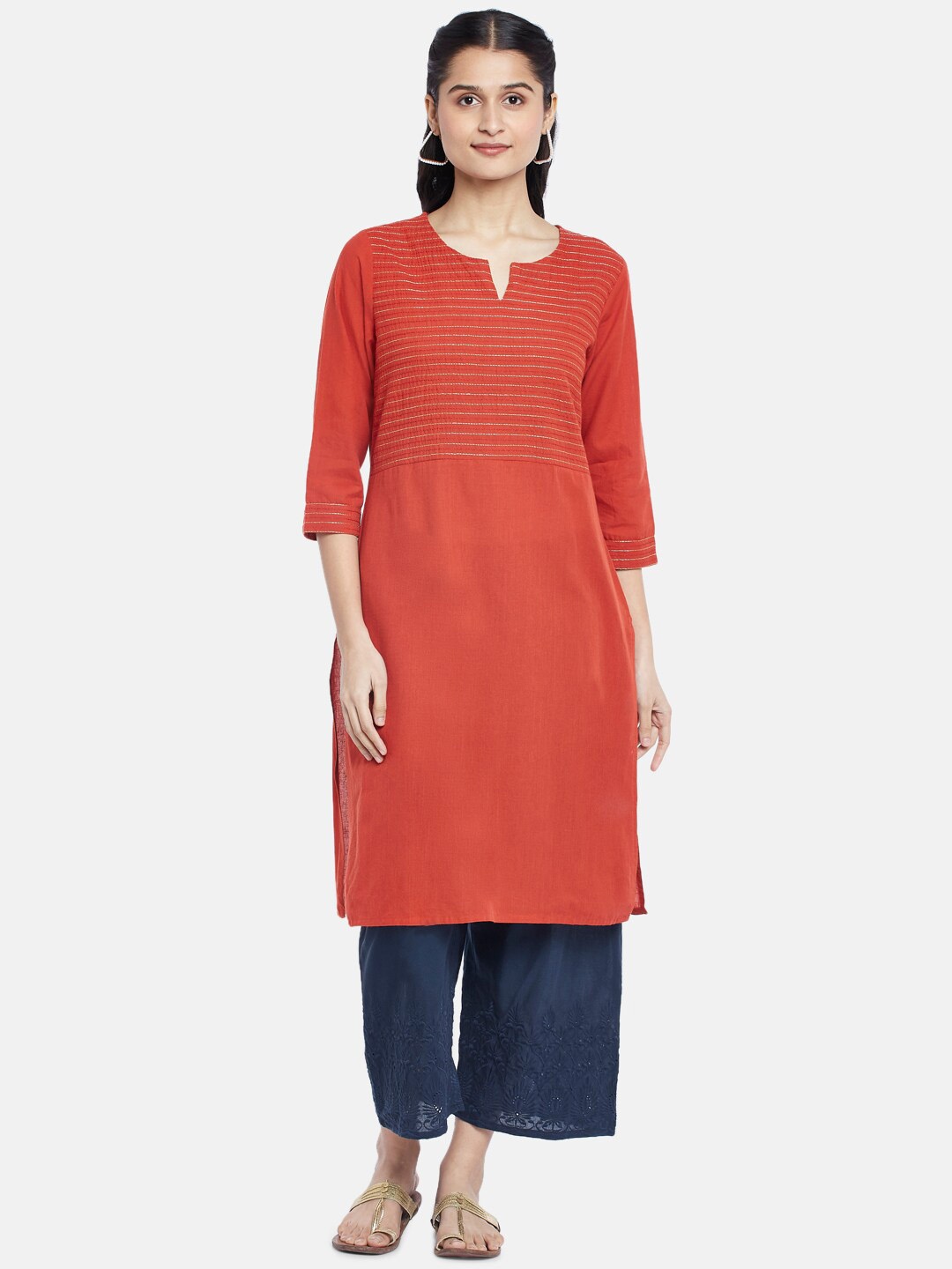 

RANGMANCH BY PANTALOONS Women Rust Orange Striped Kantha Work Pure Cotton Kurta