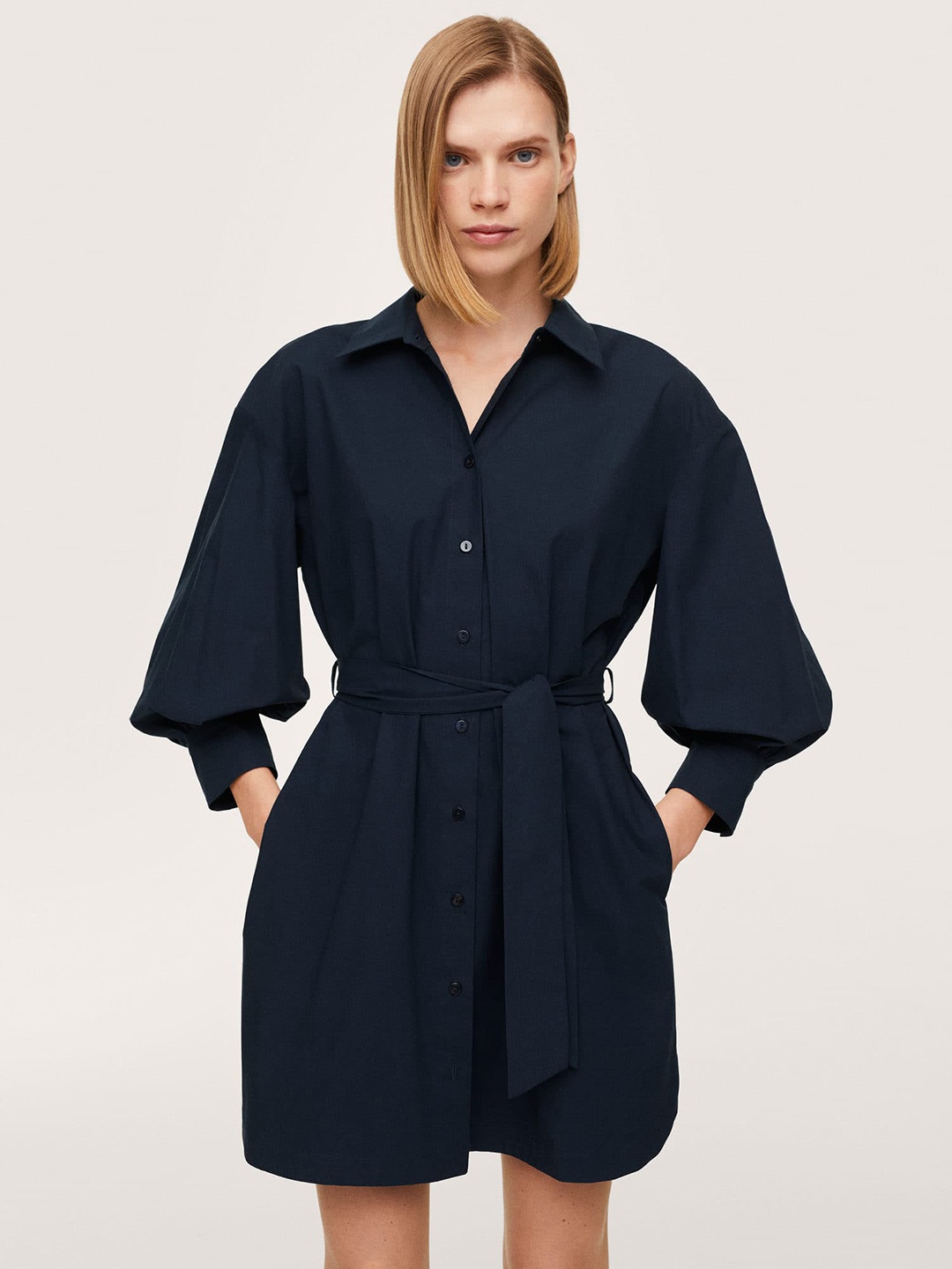 

MANGO Women Navy Blue Solid Pure Cotton Shirt Dress with Belt