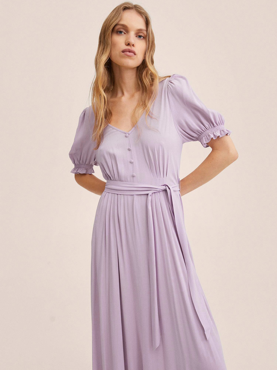 

MANGO Women Lavender Solid A-Line Midi Dress with Belt