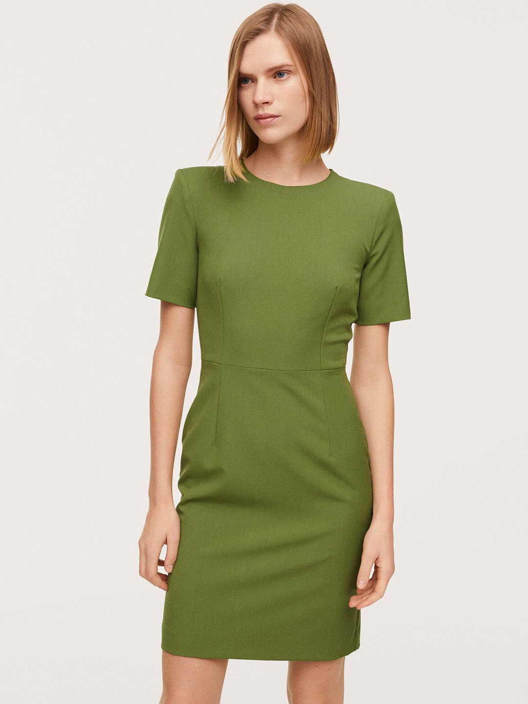 

MANGO Women Green Solid Sheath Formal Dress