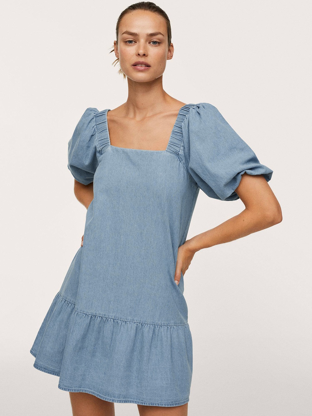 

MANGO Women Blue Solid Pure Cotton Chambray A-Line Dress