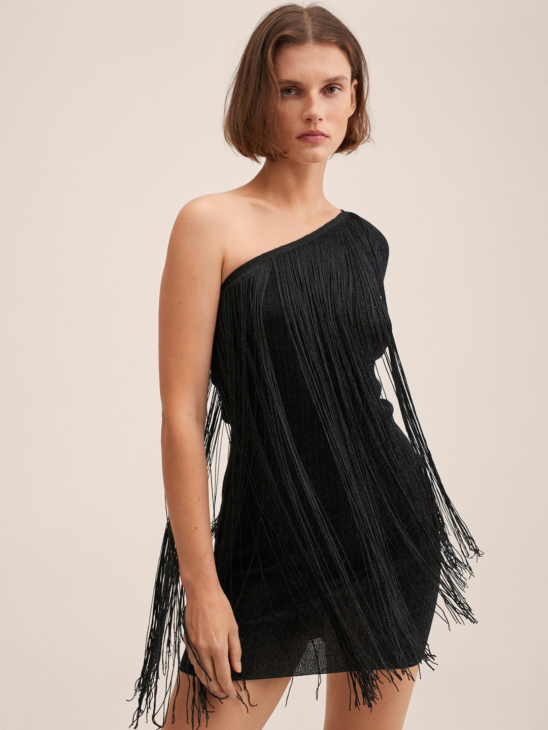 

MANGO Black One Shoulder Fringed Sheath Dress