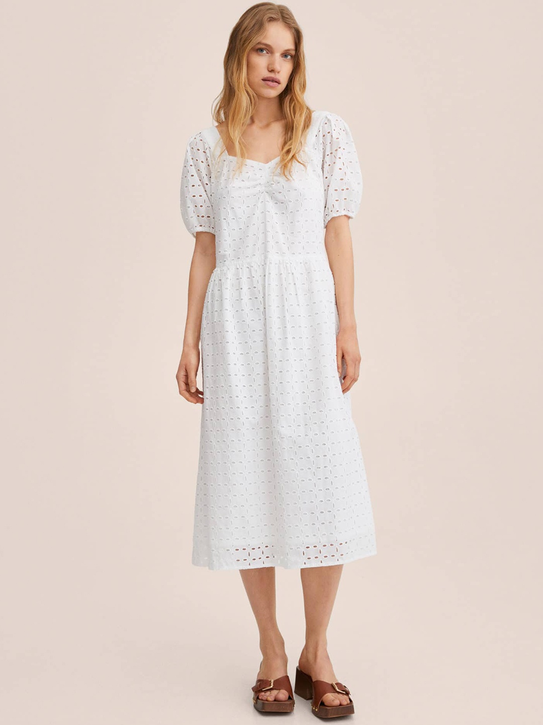 

MANGO Schiffli Pure Cotton A-Line Midi Dress, White