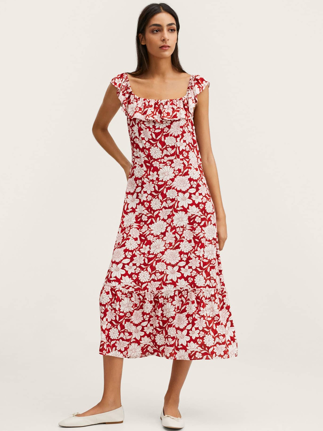 

MANGO Women Red & White Floral Printed Ruffle A-Line Midi Dress