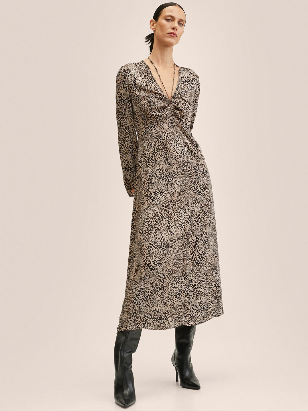 

MANGO Women Black & Beige Animal Printed A-Line Midi Dress