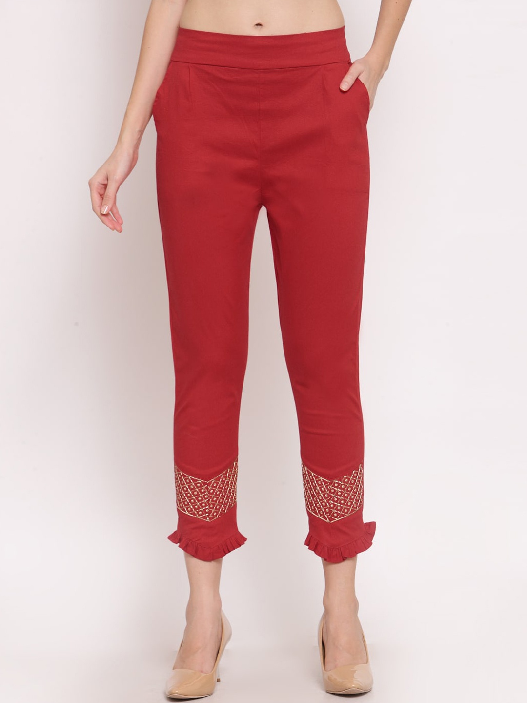 

KLOTTHE Women Red Ethnic Motifs Embroidered Smart Slim Fit Trousers