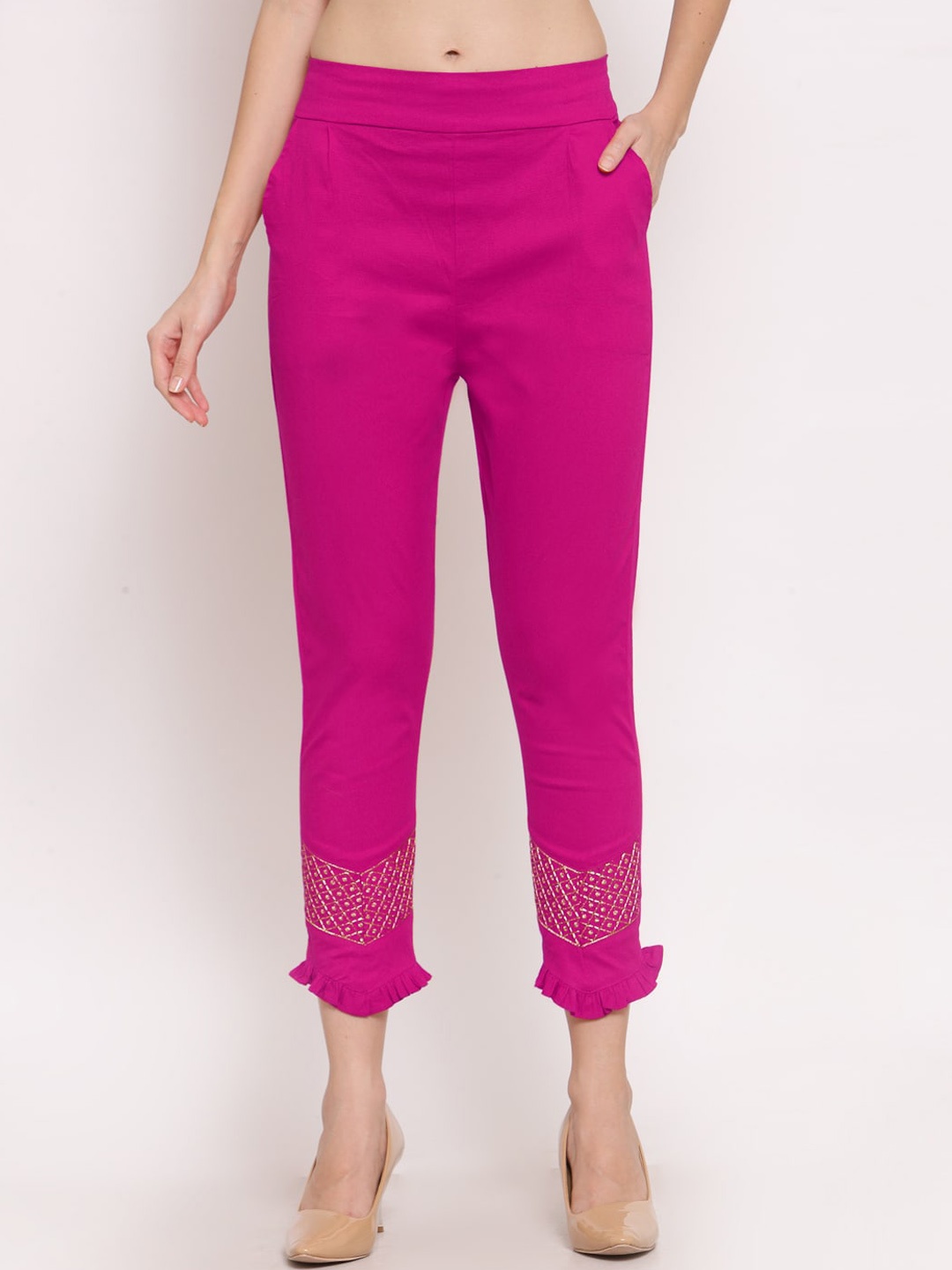 

KLOTTHE Women Pink Ethnic Motifs Embroidered Smart Slim Fit Trousers