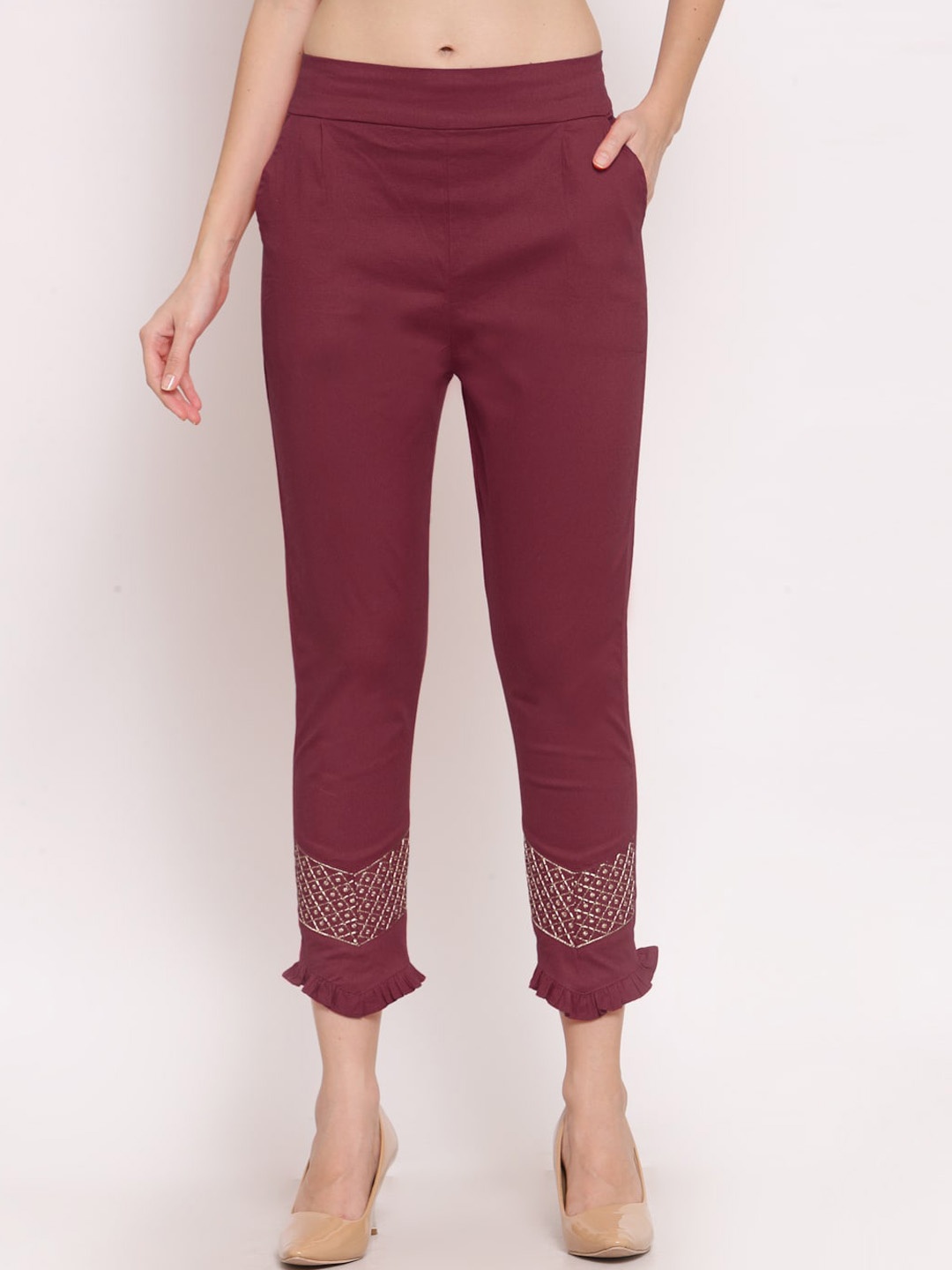 

KLOTTHE Women Maroon Smart Slim Fit Cotton Trousers