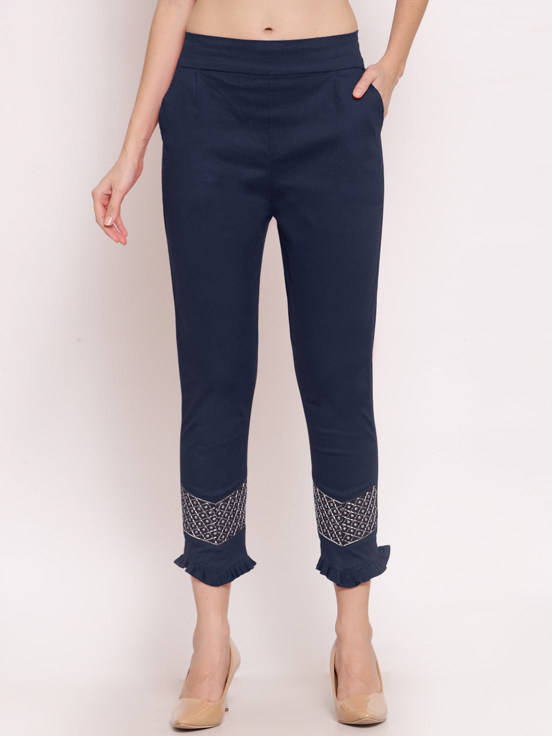 

KLOTTHE Women Navy Blue Embroidered Smart Slim Fit Trousers