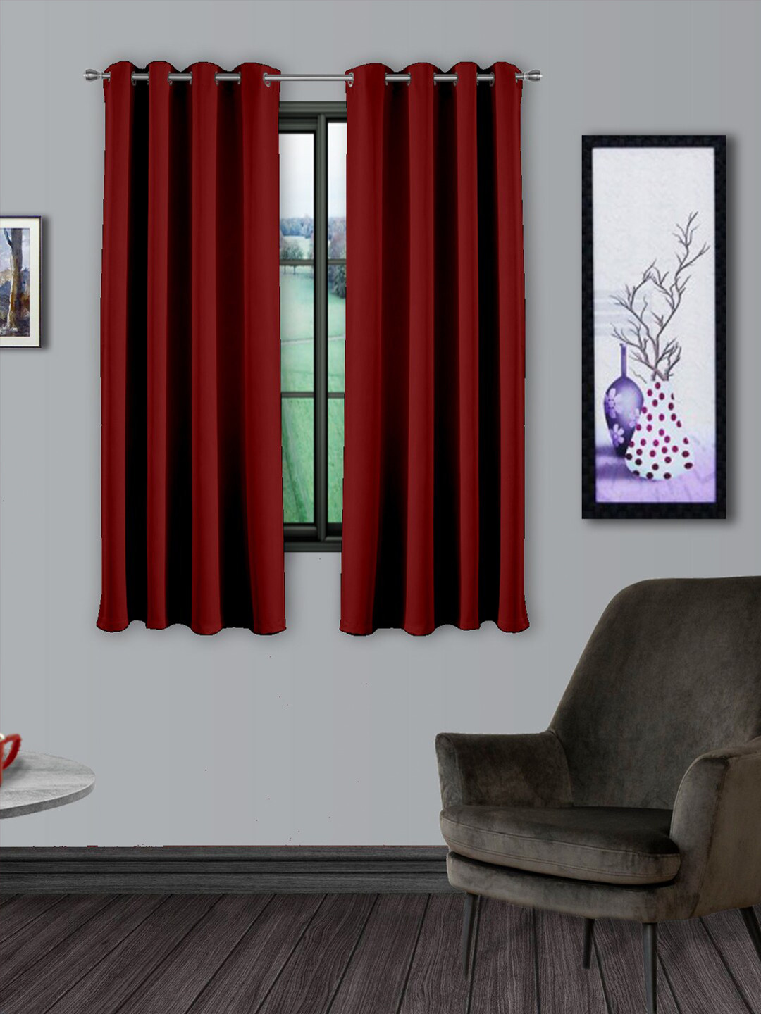 

Divine Casa Cherry Red Set of 2 Super Satin Black Out Window Curtain
