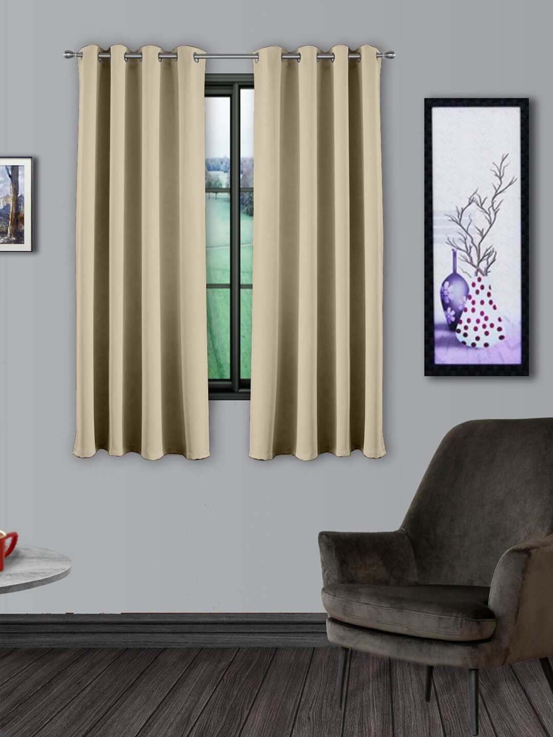 

Divine Casa Beige Set of 2 Solid Satin Black Out Window Curtain