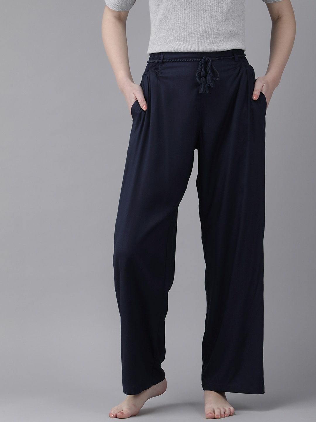 

Van Heusen Women Smocked Waistband Functional Pocket Flared Lounge Pants, Navy blue