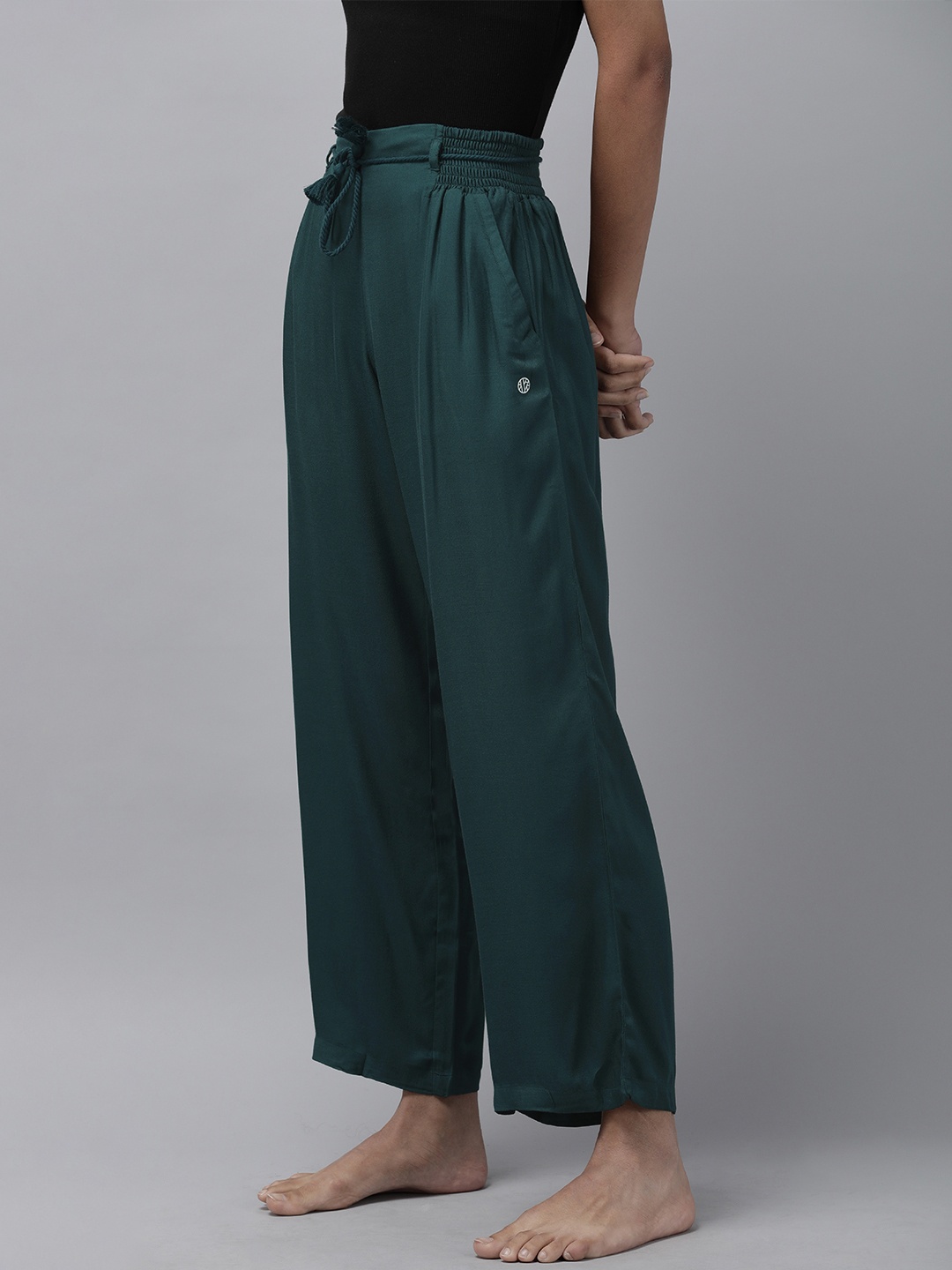 

Van Heusen Women Flared Lounge Pants with Half Smocked Waistband, Green