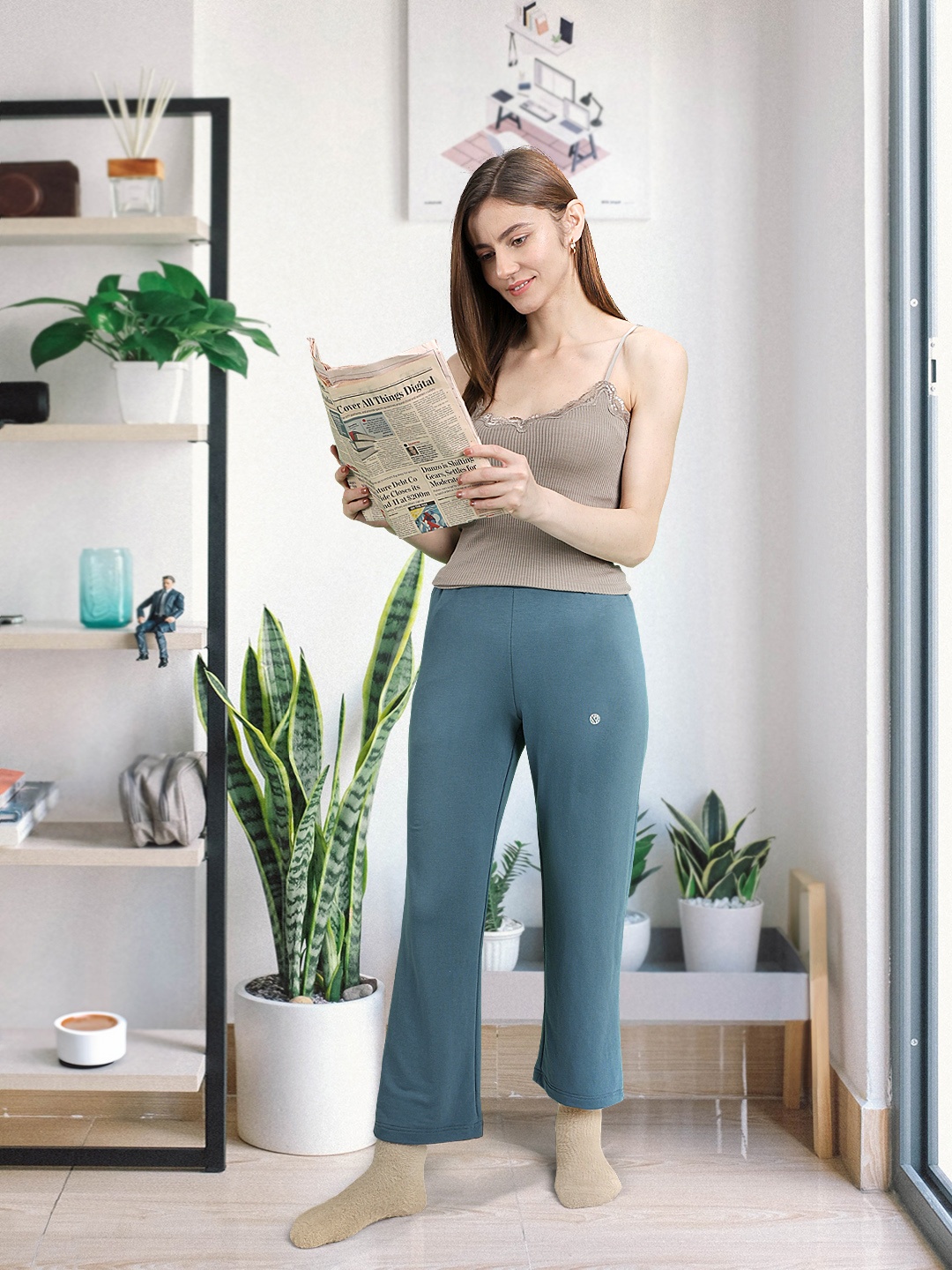 

Van Heusen Women Wide Leg Opening Functional Pocket Lounge Pants, Teal