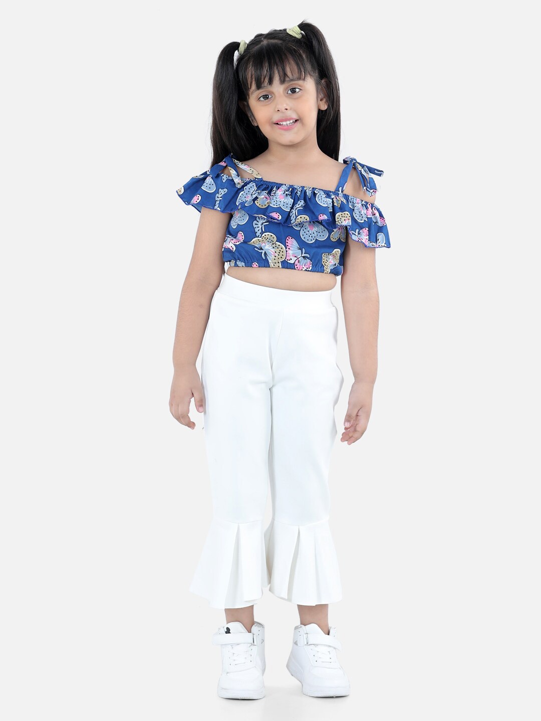 

AWW HUNNIE Girls Blue & White Printed Off-Shoulder Top with Bootcut Trousers