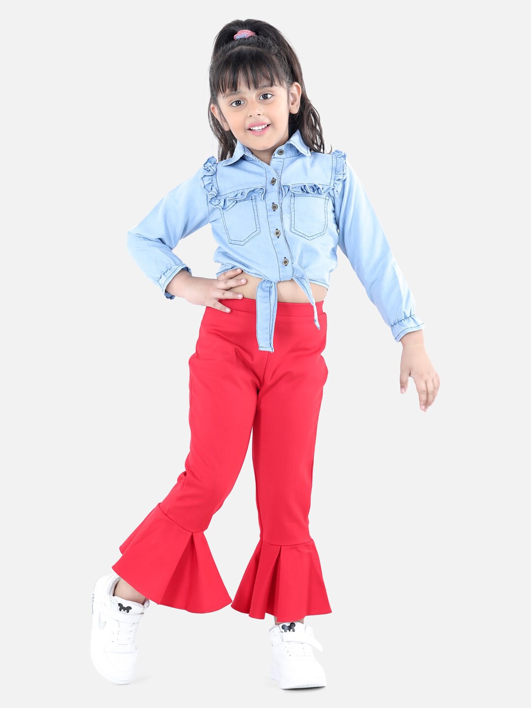 

AWW HUNNIE Girls Blue & Red Denim Shirt with Bell Bottom Trousers