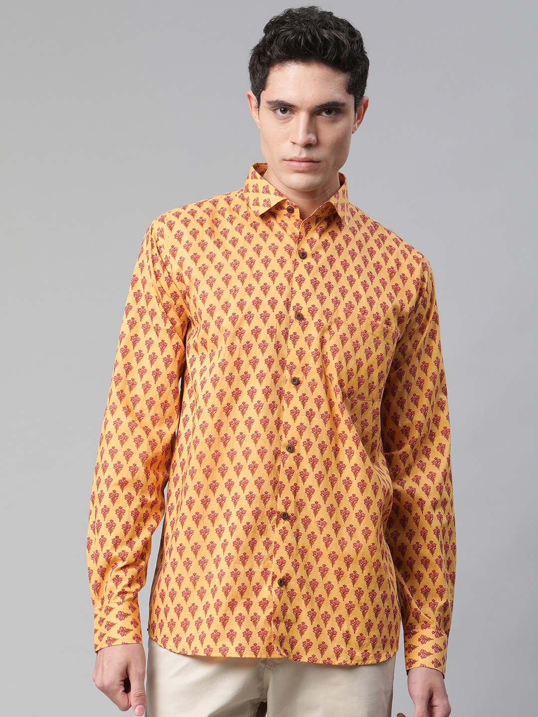 

MILLENNIAL MEN Mustard Yellow Comfort Printed Casual Shirt