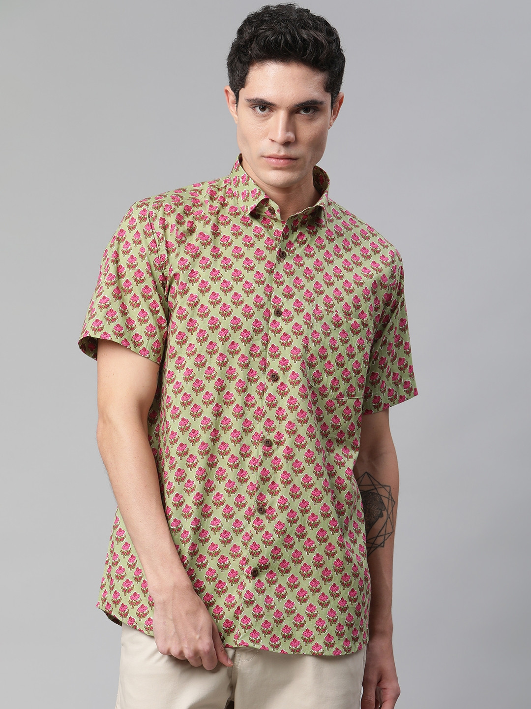

MILLENNIAL MEN Green Comfort Printed Casual Shirt
