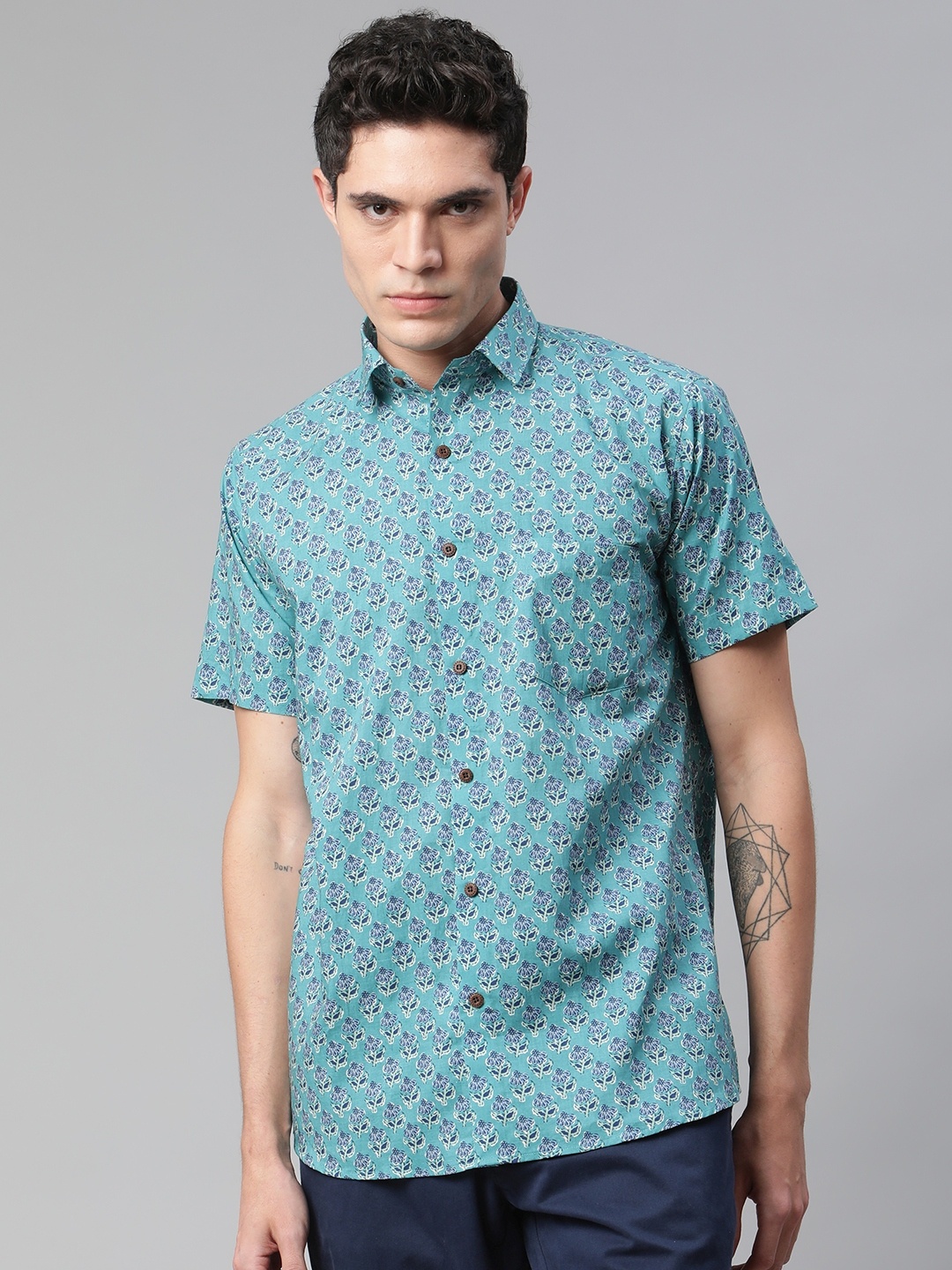 

MILLENNIAL MEN Turquoise Blue Comfort Printed Casual Shirt