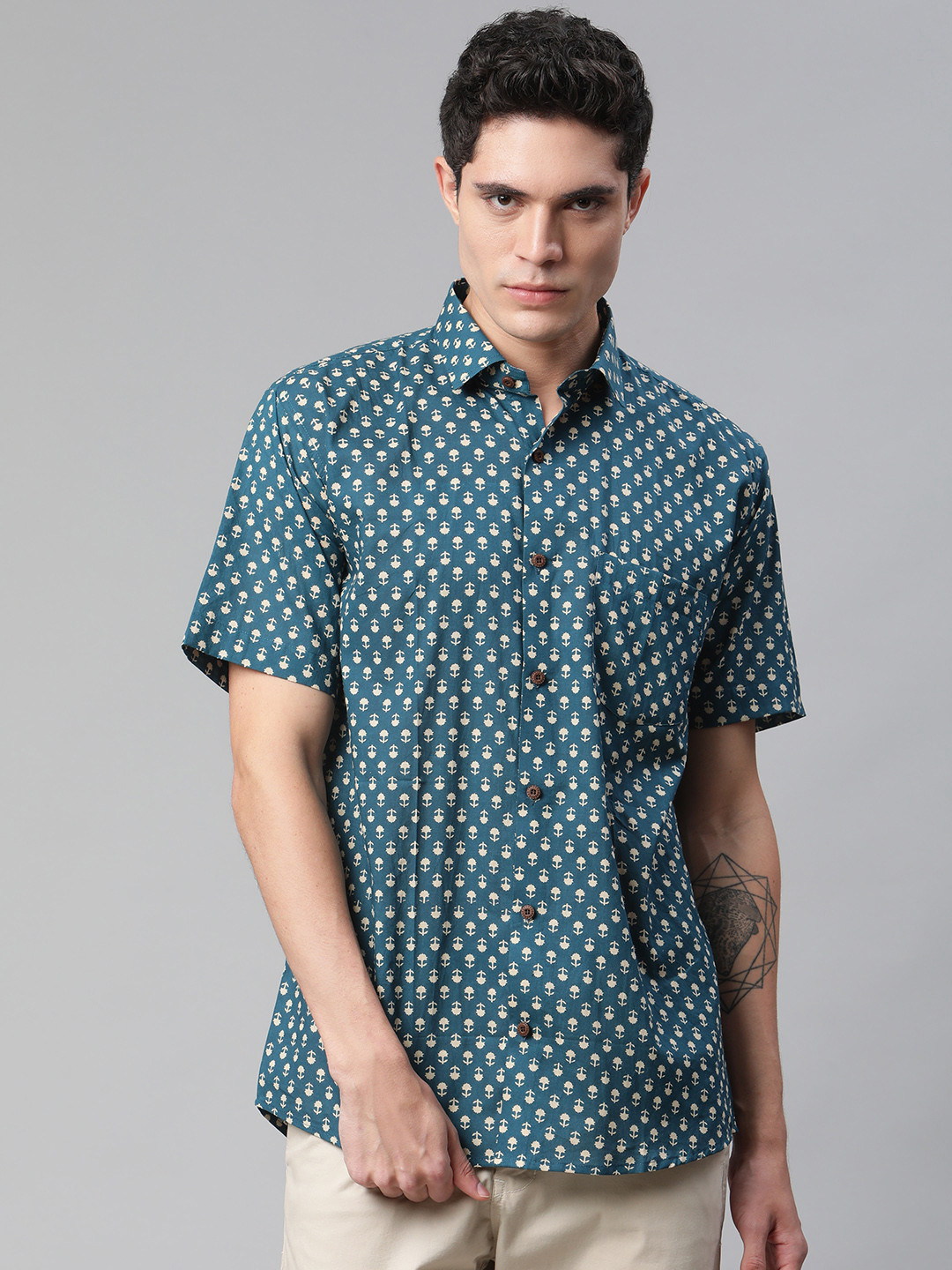 

MILLENNIAL MEN Teal Blue Comfort Printed Casual Shirt