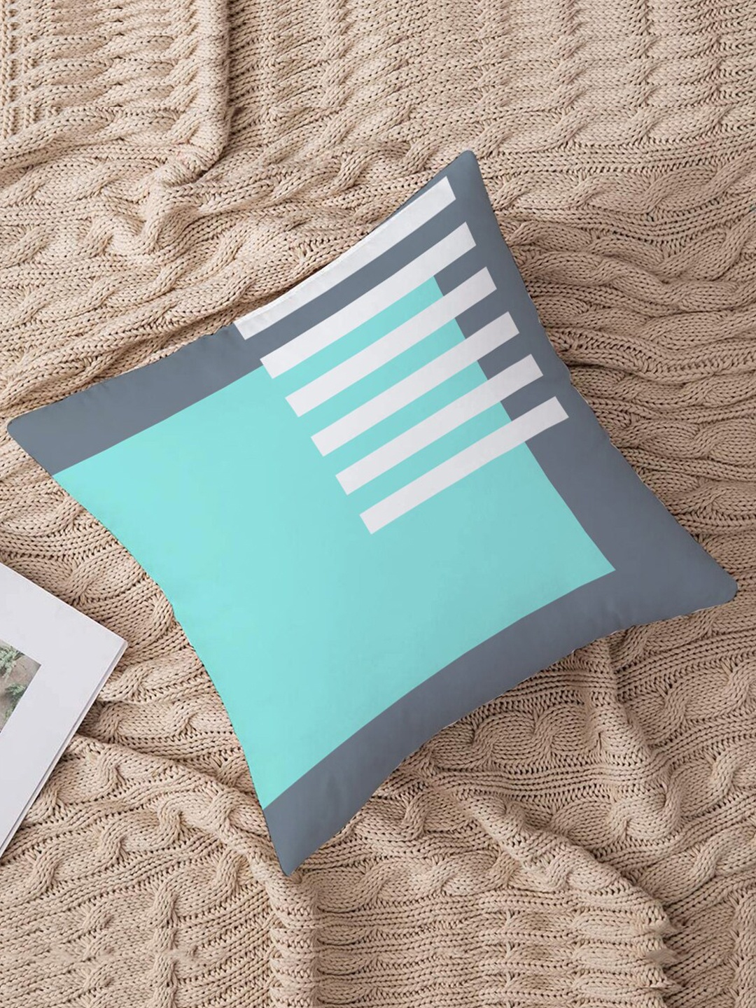 

STITCHNEST Teal Geometric Printed Square Cushion Cover