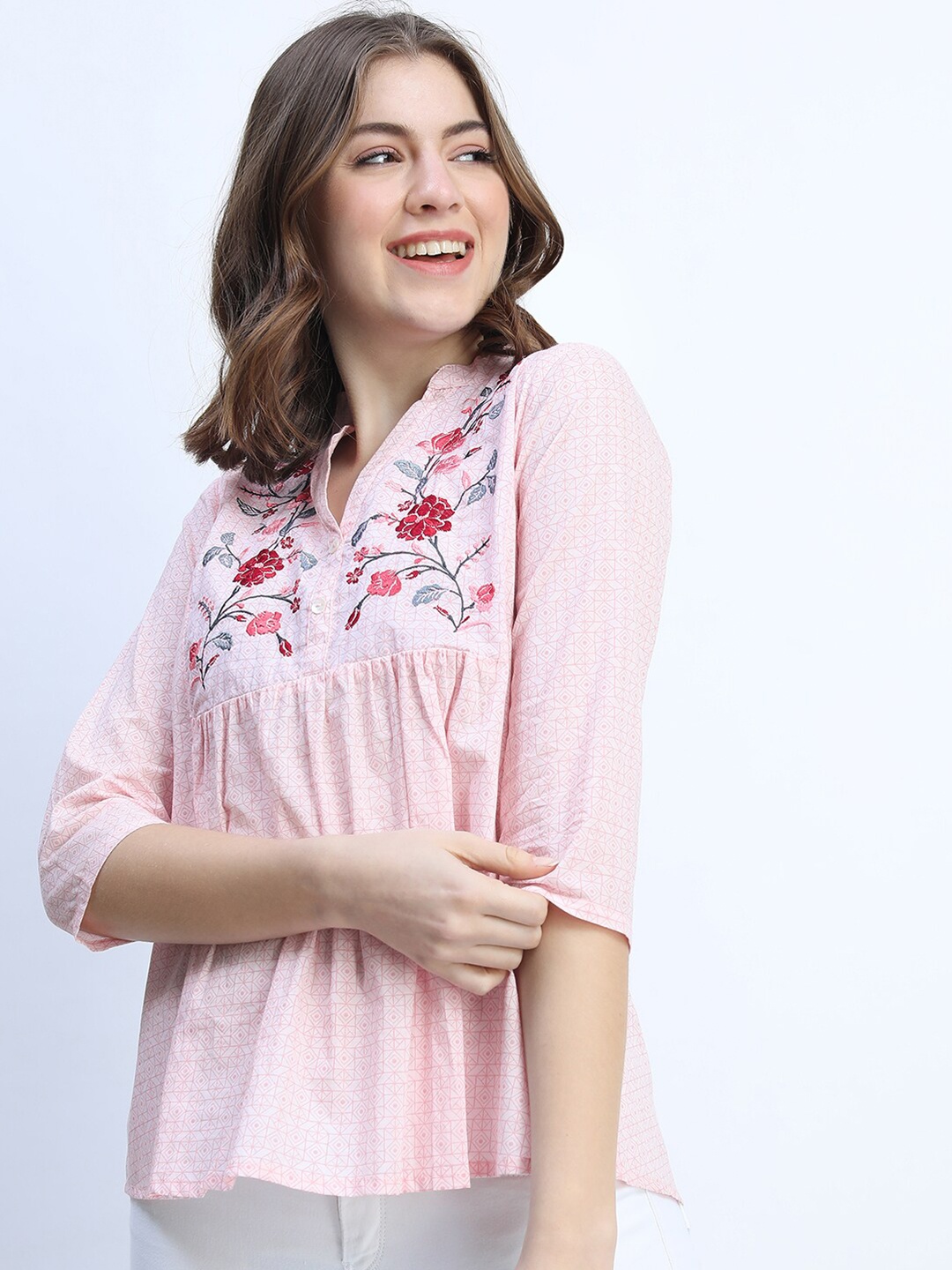 

Vishudh Pink Print Mandarin Collar Top