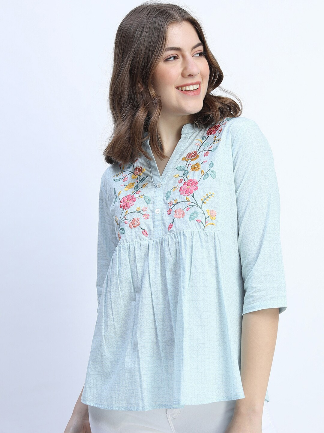 

Vishudh Blue Floral Mandarin Collar Top